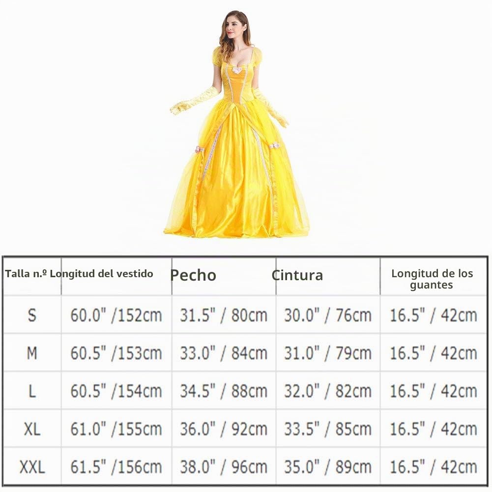 Adulta Disfraz de Belle para Mujer Princesa Melocotón Vestido de Falda Larga Carnaval de Halloween Cosplay Vestido para Arriba Traje de Fiesta de la Bella y la Bestia de Cuento de Hadas