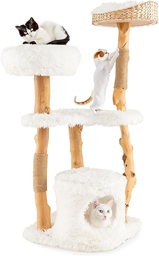 Tangkula Árbol para gatos de interior, torre moderna de madera maciza para gatos con cesta de cola superior, cama para gatos, perca lateral,