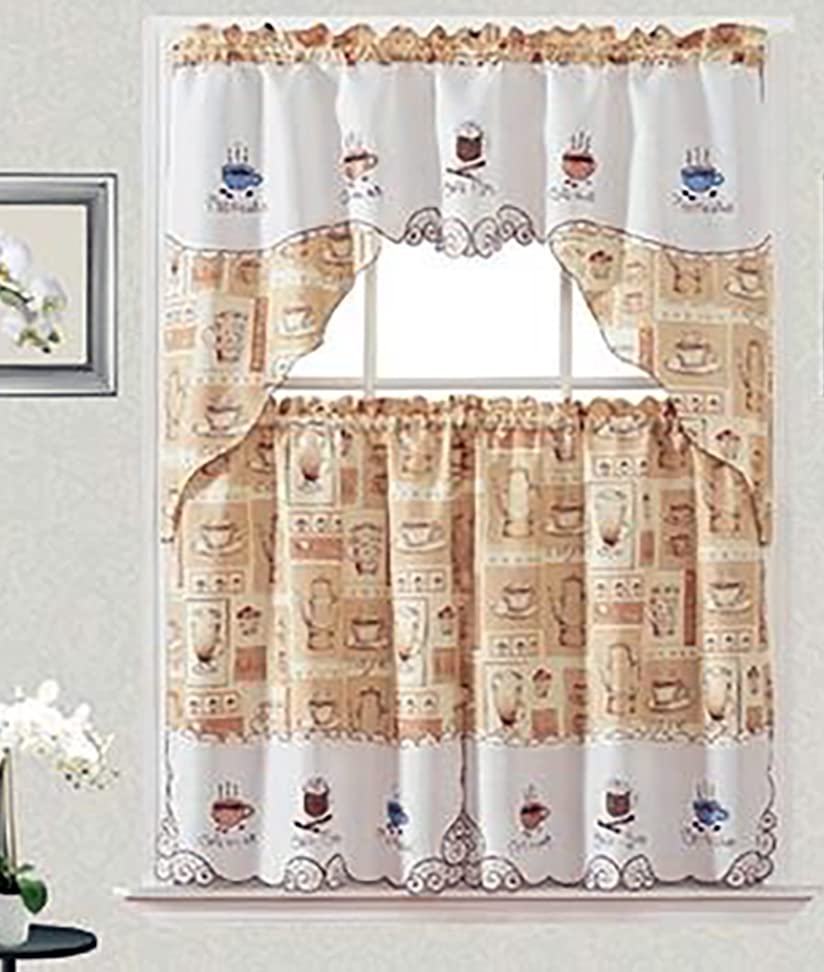 Cafe Mocha Embroidery Design Kitchen Curtain with Swag and Tier Set 36 inch Coffee Color