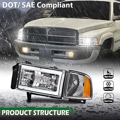 Image of GRAND ORANGE LED Headlight Assembly W /o Bulbs Compatible with Dodge Ram 1500 1994-2001 Fit Dodge Ram 2500 3500 1994-2002 Clear Lens Chrome Housing Amber Reflector faros delanteros