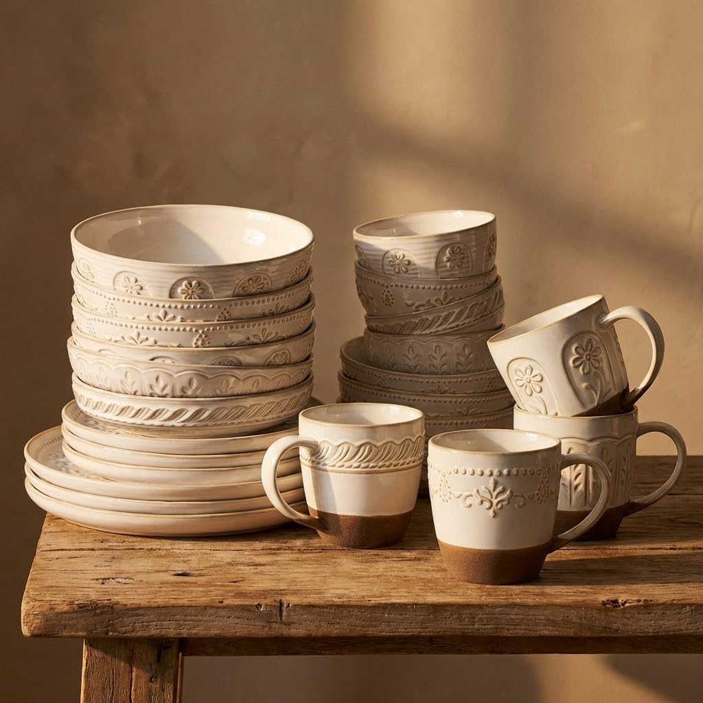 Artena Large Ceramic Dinner Plates Set Of 4, 10.75 Inch Embossed Kitchen Salad Plates, Modern Serving Plates For Restaurant, Plates With Lipped Edges, Microwave Dishwasher Safe (Damask Floral)