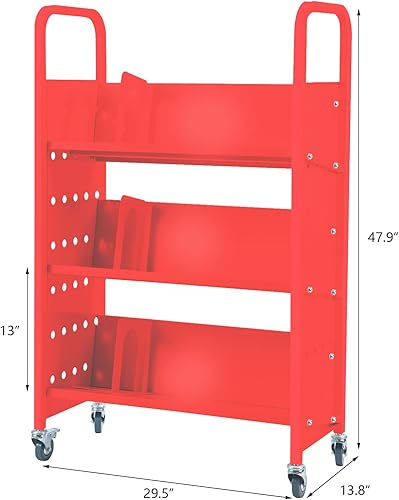 Miniatura 3 de Carrito de libros con 3 estantes inclinados, camión de libros de una sola cara, carrito de biblioteca con ruedas de 450 libras con 4 ruedas