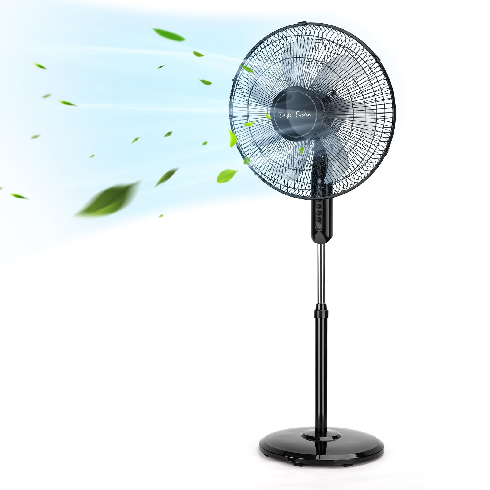 Taylor Swoden Ventilatore a Piantana Potente, 50W, 7 Pale, 3 Velocità Ventilatore Silenzioso, Oscillante, Altezza Regolabile, Griglia, Base Rotonda Stabile, Nero, 43x40x130cm