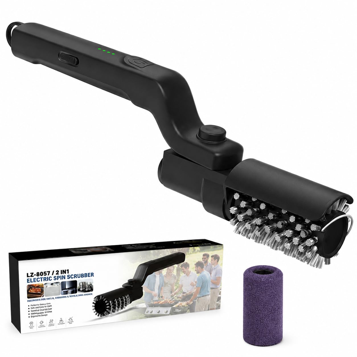 BBQBRUSH Spazzola Elettrica Rotante per Barbecue, Setole in Acciaio Inox, per Griglie e Piastre, con Angolo Regolabile e Testine a Cambio Rapido