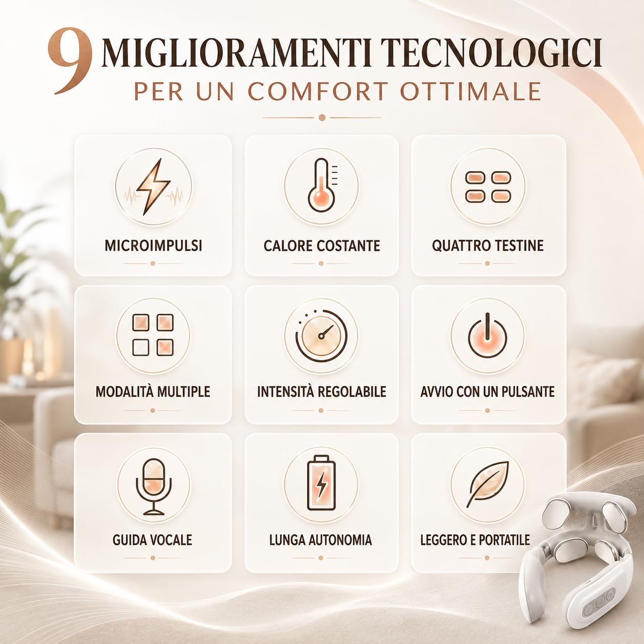 Vertaline Cervirest Massaggiatore Cervicale Elettrico Collo 9 Intensità Calore 4 Teste Ricaricabile Casa Ufficio (white*1)