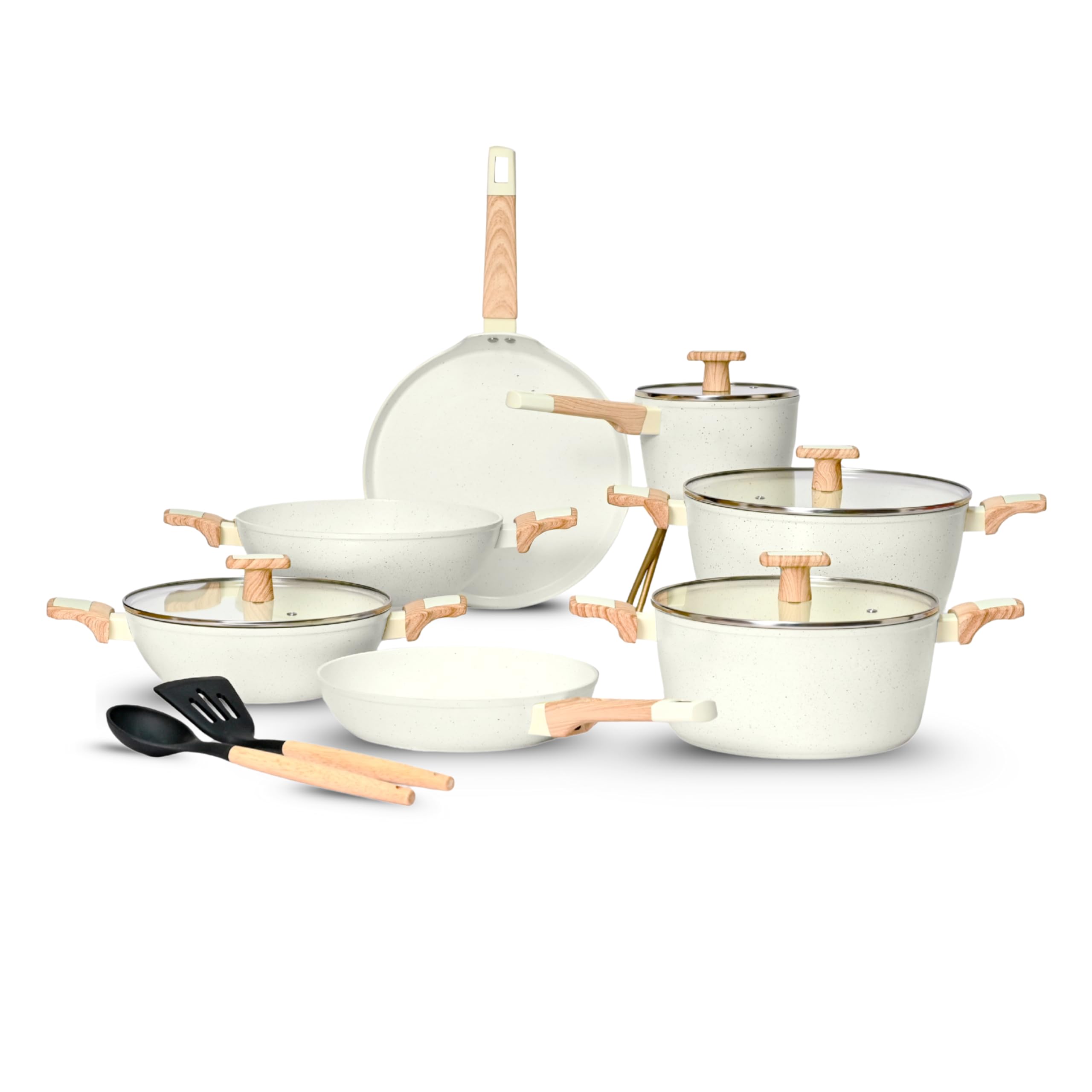 Kreme Ceracook Ceramic Coated Granite 13 Pc Cookware Set 2X Spatulas, ISI Certified, Forged Aluminium, Gas & Induction Use, Non Toxic PFAS & PTFE Free, 1 Year Warranty, Ivory