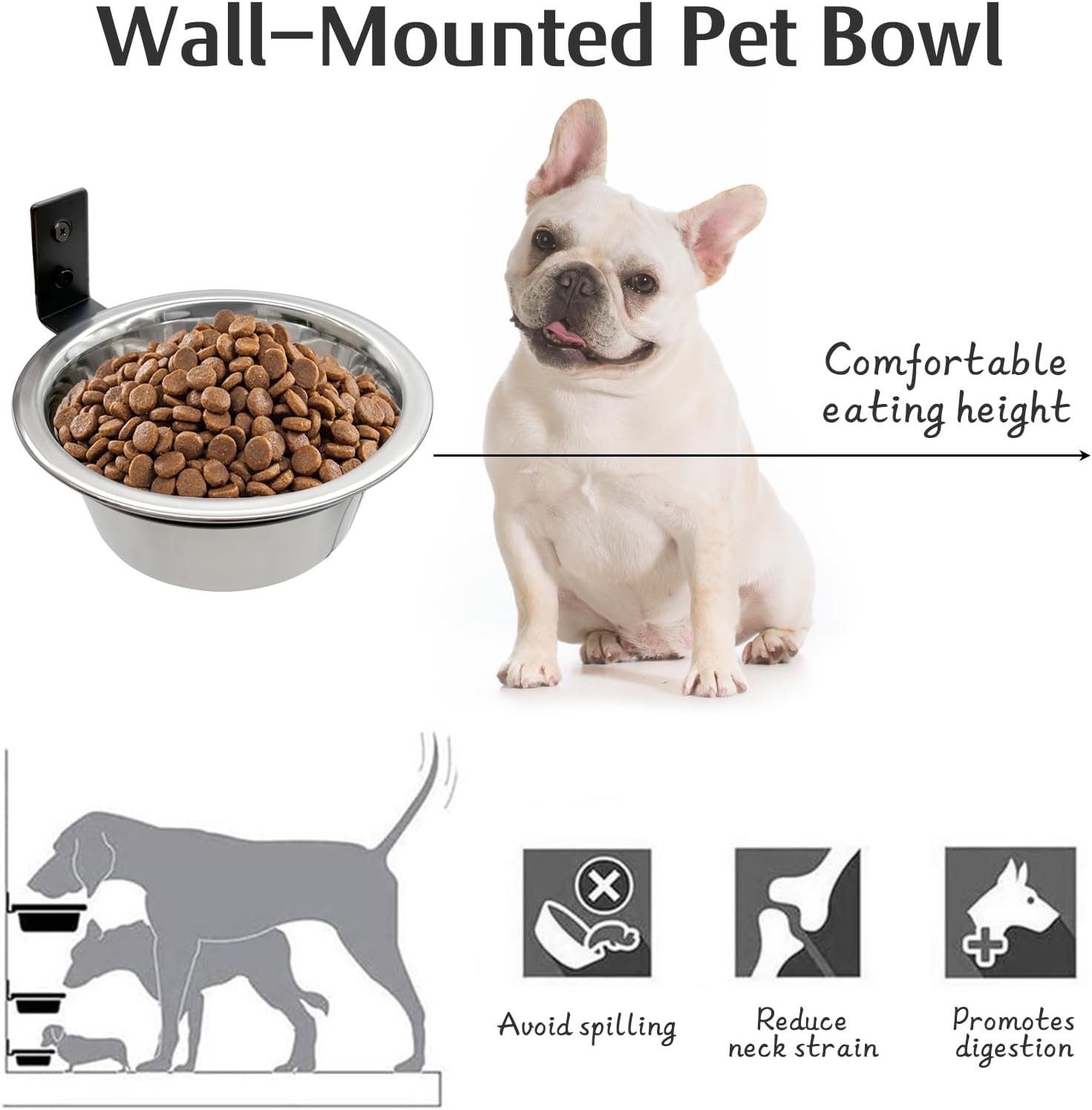 Hamiledyi 6 Pack Wall Mounted Elevated Dog Bowls - Adjustable Height Stainless Steel Raised Food & Water Bowls with Collapsible Stand for Medium & Large Dogs & Cats (M)