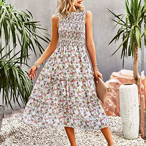 Image of YNIQUE Women's Dress 2023 Summer Casual Boho Dress Floral Print Ruffle Sleeveless High Waist Midi Beach Dresses