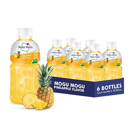 Mogu Mogu Drink Pineapple Juice (6 Bottles) Delicious drinks made with fruit juice and nata de coco (coconut jelly) Fun chewable juice boxes for kids. Juice bottles made for adults and kids ready to drink juices