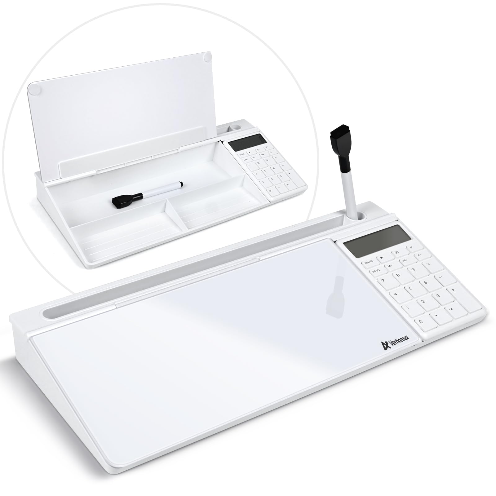 Varhomax Glass Desk Whiteboard with Calculator, Desktop Dry Erase White Board with Storage, to Do List Memo Notepad for Home and Office