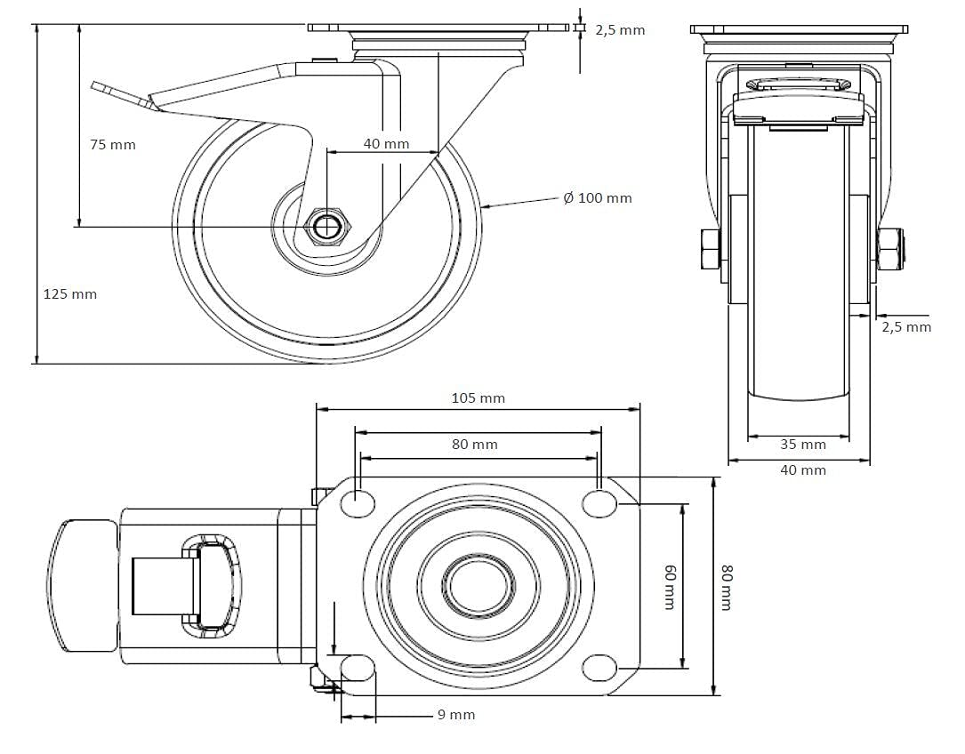 Rollensatz 4 Lenkrollen mit Feststeller 100 mm Vollgummi grau mit Stahlfelge