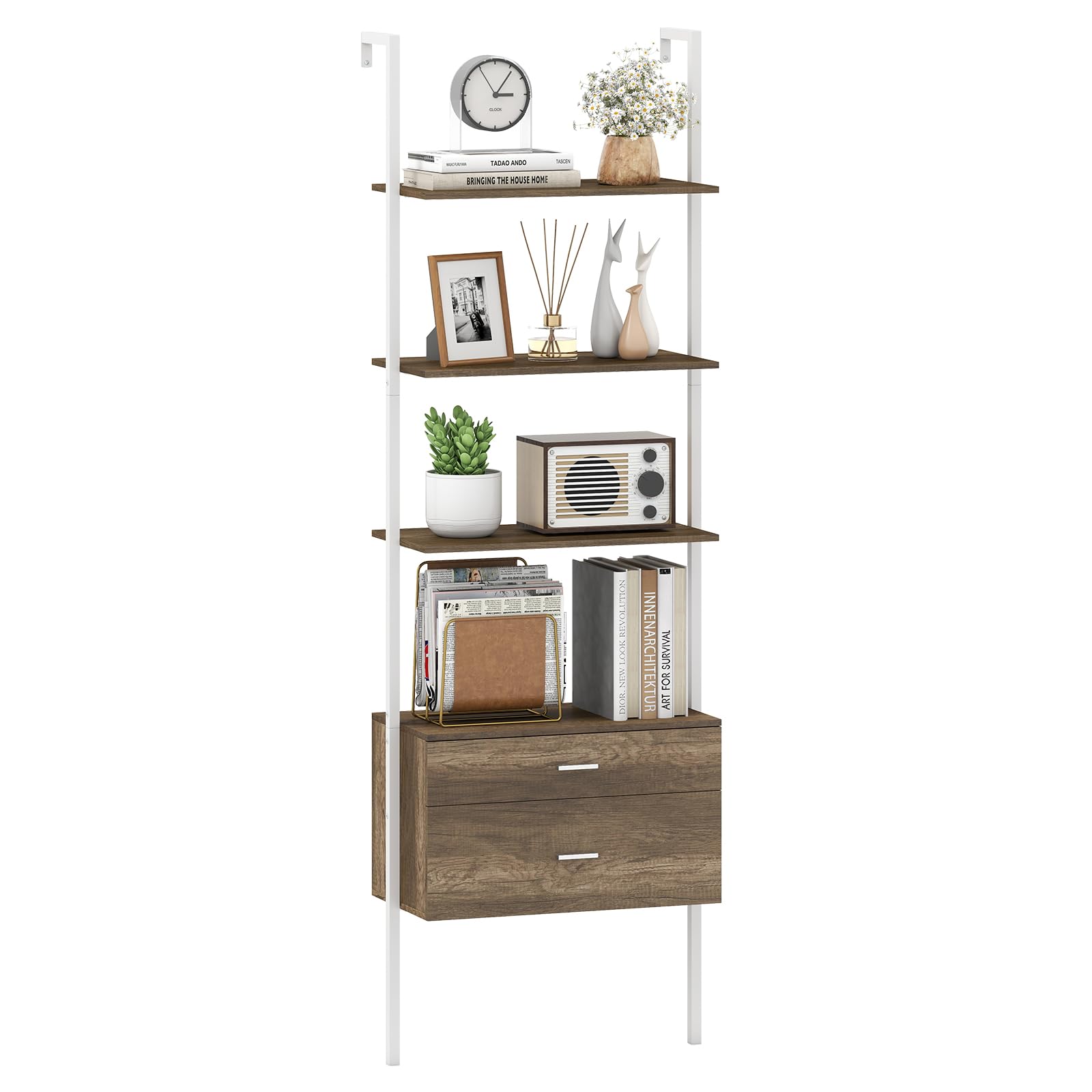 COSTWAY 6-Tier Ladder Shelf with 2 Drawers, 184cm Tall Wall Bookshelf Open Display Rack, Metal Frame Wooden Wall Mounted Bookcase Storage Shelving Unit for Living Room Bedroom Office (Oak Grey+White)
