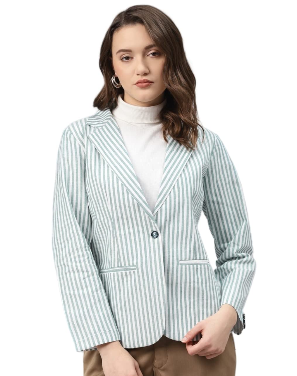 Women White & Green Striped Cotton Formal Single Breasted Blazer