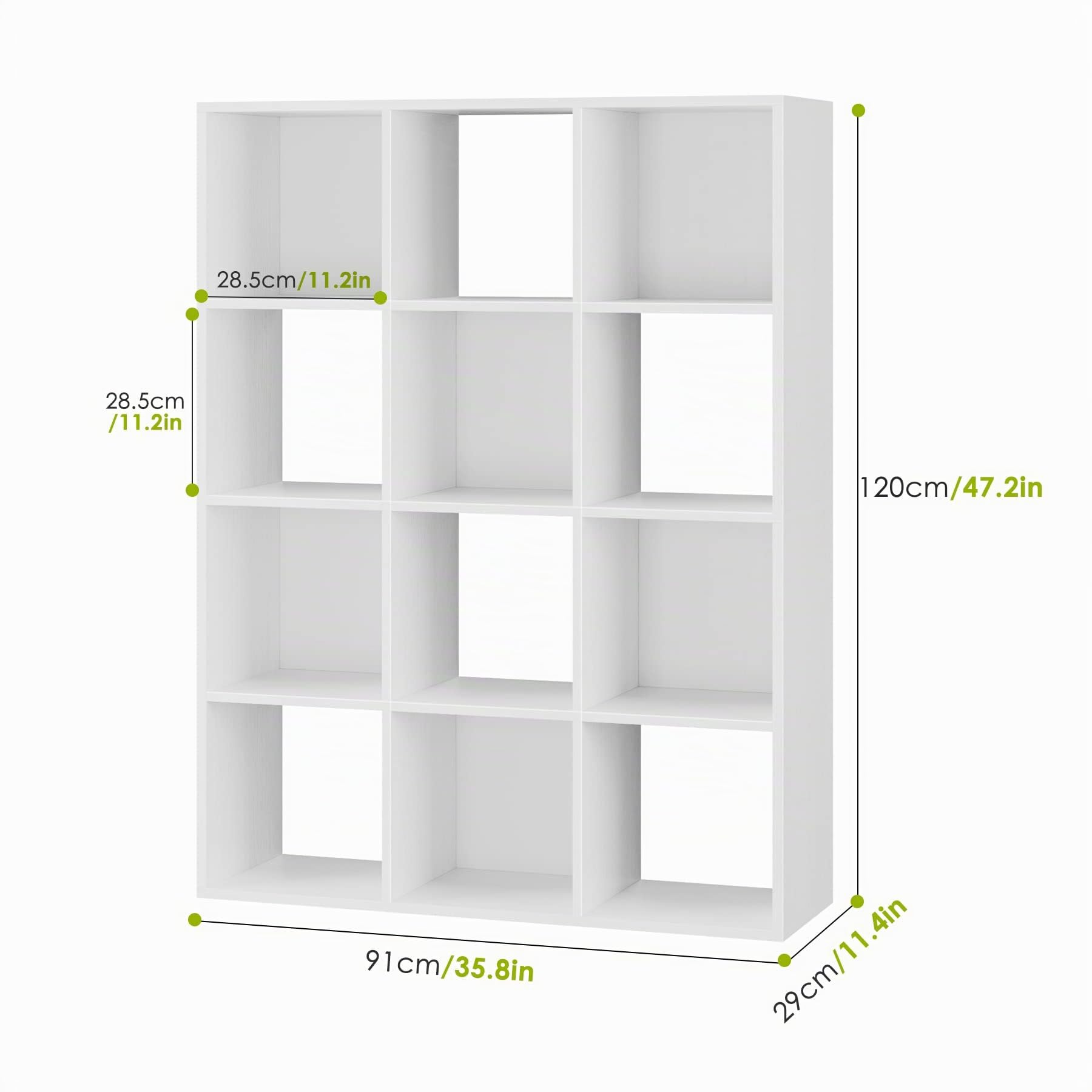 HOCSOK Bibliothèque, Armoire Étagère de Rangement avec 12 Compartiments, Meuble pour Dossier pour Bureau, Chambre, Salon Blanc PB015 120x91x29cm