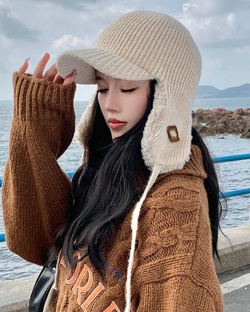 Women's Knitted Beanie Hat Fleece Lining Russian Ushanka Hat Soft Skull Visor Cap Winter Warm Trapper Cap with Earflap Beige