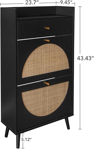 Miniatura 3 de ZeHuoGe Gabinete de zapatos de ratán natural con 2 cajones abatibles, armario de almacenamiento para tacones, botas, zapatillas, zapatero