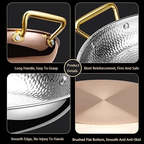 Miniatura 5 de RSBFER Paella española, 304 de acero inoxidable martillado a mano, antiadherente, mariscos con doble asa para hogares o restaurantes, plata, 10.2 in