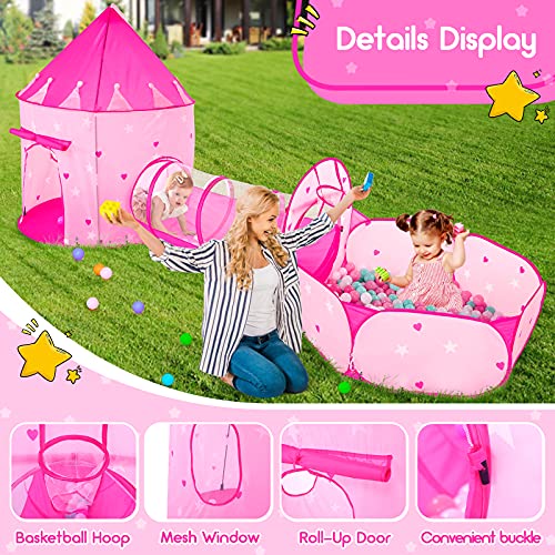 Image of PigPigPen 3pc Kids Play Tent for Girls with Ball Pit, Crawl Tunnel, Princess Tents for Toddlers, Baby Space World Playhouse Toys, Boys Indoor& Outdoor Play House, Perfect Kid's Gifts