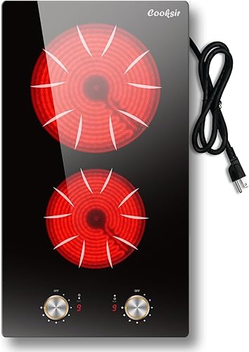Estufa eléctrica de 2 quemadores, estufa eléctrica de 12 pulgadas integrada y encimera, 110 V con dos quemadores con control de perilla, 9 niveles