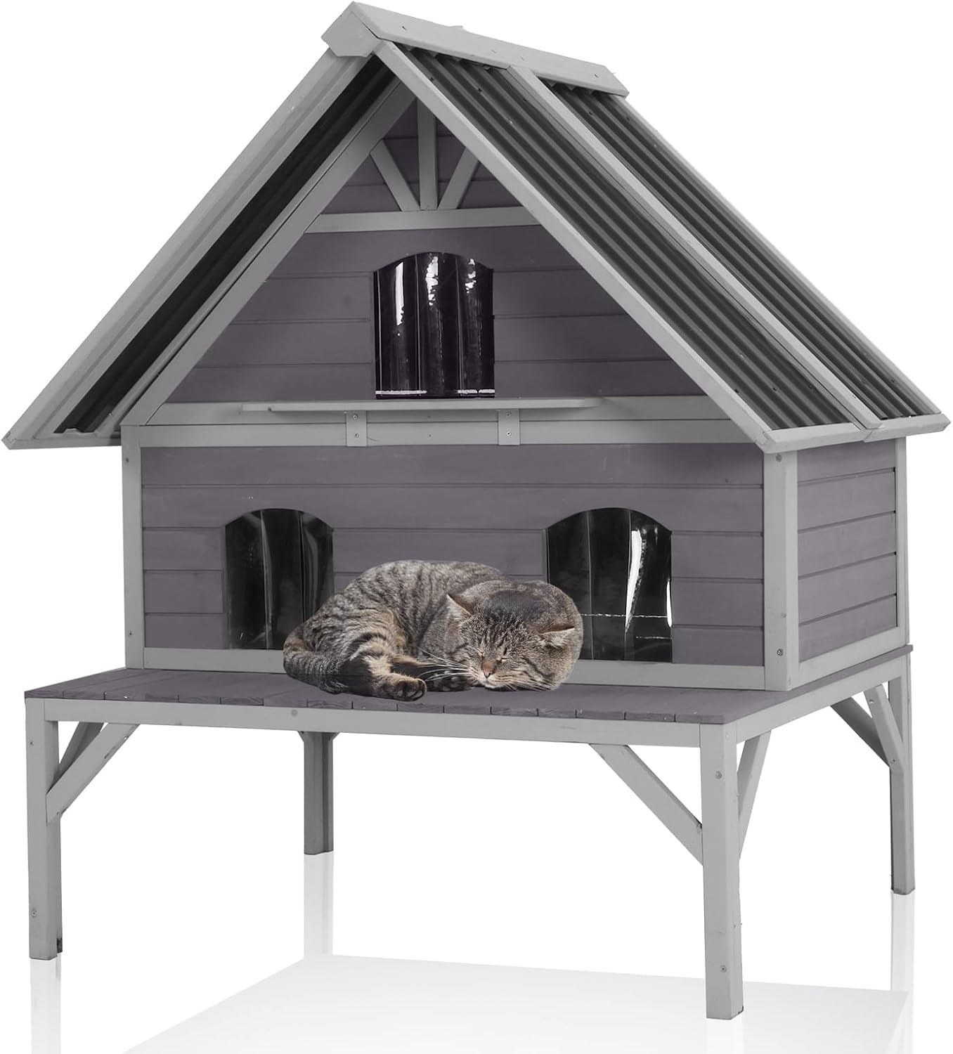 Aivituvin Outdoor Cat House, Wooden Two-Story Feral Cat Shelter Outside, Weatherproof Kitty Home with 3 Escape Doors, Windows and Removable Floors, Cat Condo Indoor (Grey, XL)