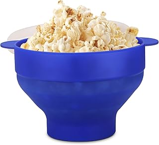 Flexzion Silicone Microwave Popcorn Popper BPA Free Collapsible Popcorn Bowl Microwavable Pop Corn Maker with Lid and Handle Dishwasher Safe Silicon Bucket for Parties and Movie Nights, Blue