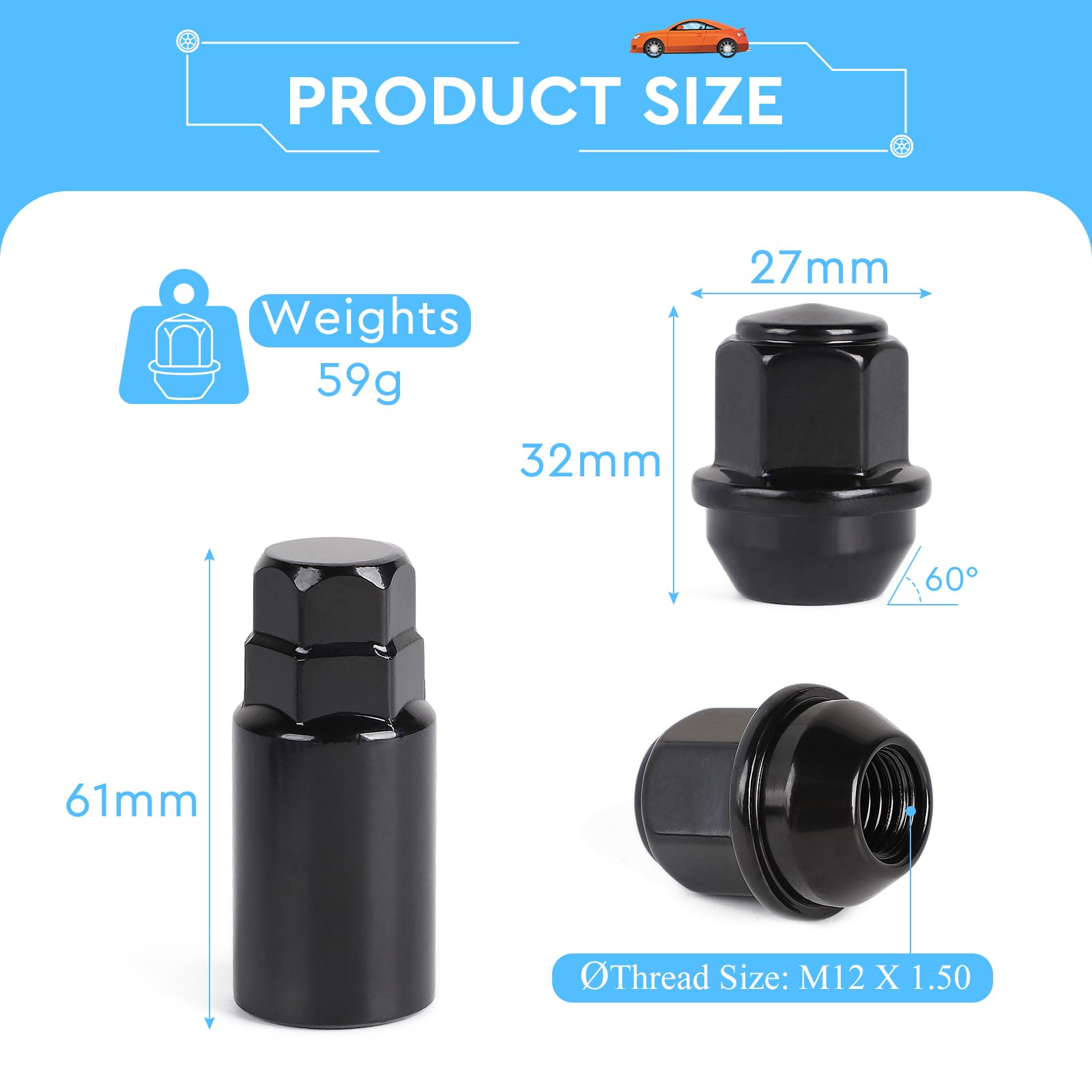 EFUTURETIME 20 x Ecrou Roue M12x1.5 Noir, Écrou de Roue Anti Rouille Conique 60° Goujon de Roue Hex 19mm Compatible avec d'Origine Ford