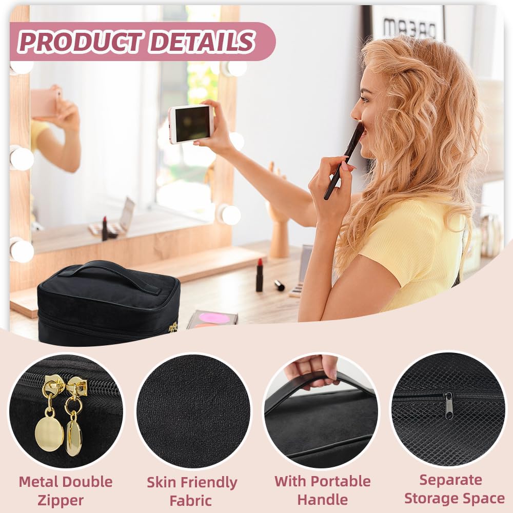 Makeup Bag,SULIHUA Travel Cosmetic Bags,Plush Makeup Brush Bag with Compartments PU Leather Handle Big Storage - Image 2
