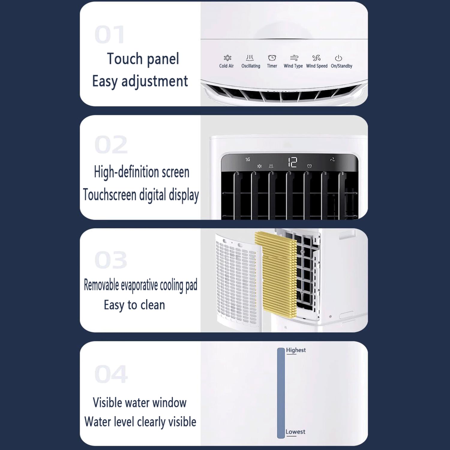 Aire Acondicionado Portátil 12 L Enfriador de Aire sin Tubo 3 Modos 3 Velocidades Climatizador Evaporativo Silencioso Temporizador de7.5 H Control Remoto Ventilador de Enfriamiento para Hogar