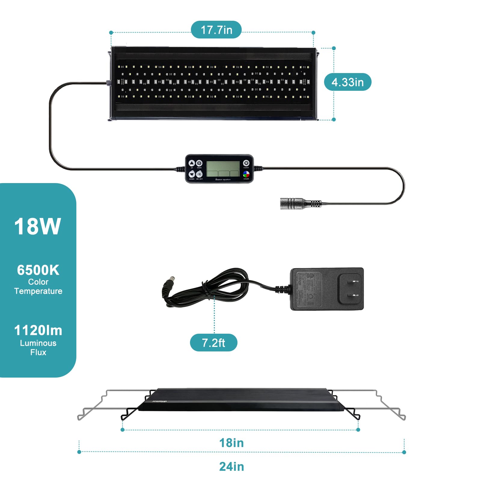 Lampe d'aquarium à DEL 24h/24, 7 j/7, étanche IP68, support extensible avec minuterie, 7 couleurs, 10 niveaux de luminosité réglables, mode bricolage, lumière pour plantes d'aquarium à spectre complet