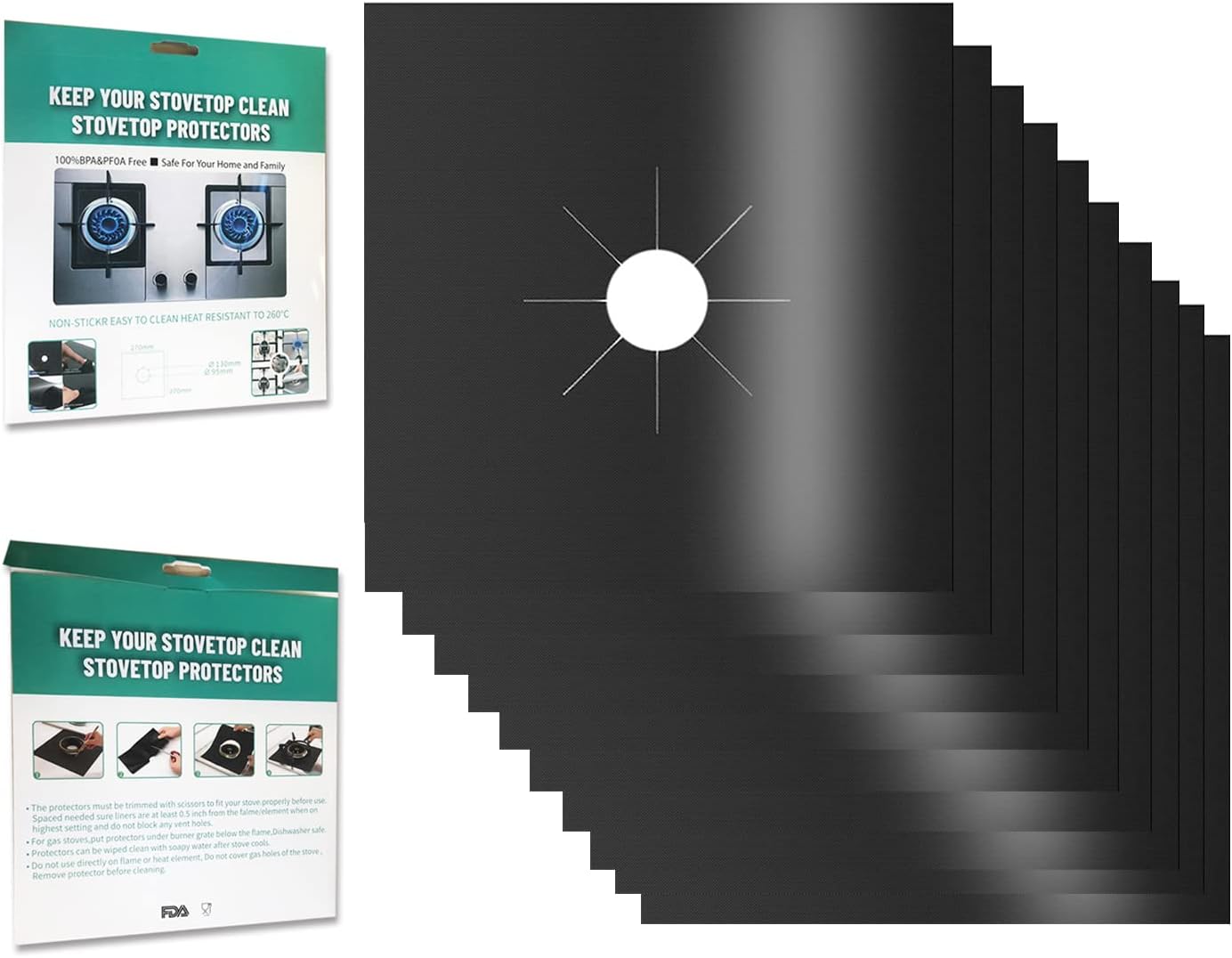 10 Pack Stove Burner Covers - Non-stick Reusable Teflon Range Guard Protectors for Gas Stove Top, Easy to Clean,Cutable, Black, 0.2 mm,10.6” x 10.6”