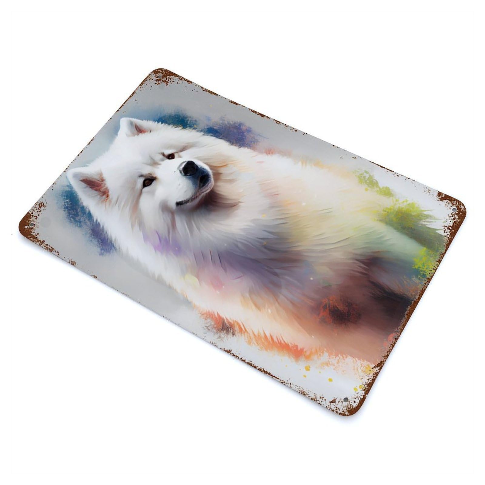 Distressed Metal Wall Sign with Samoyed Drawn Design 11.8"x7.9", for Office, Studio And Wall Decor, Industrial Home Decor