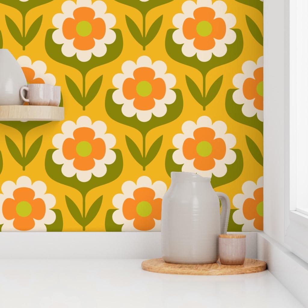 Peel & Stick Wallpaper 6ft x 2ft - Retro Floral Groovy Mid Mod Boho Bohemian MCM Midcentury Modern 1960S 1970S Yellow Green Orange Custom Removable Wallpaper by Spoonflower