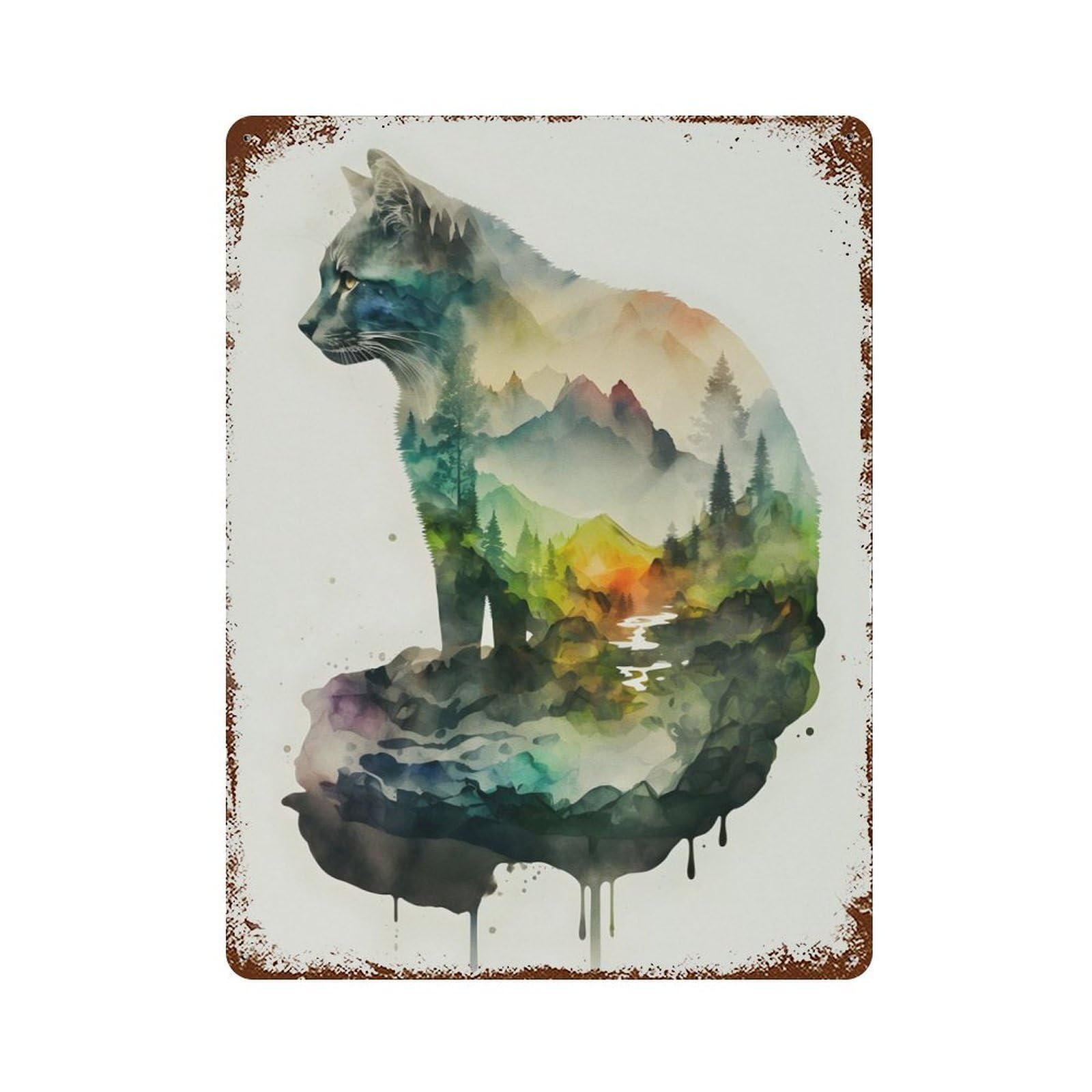 Aged Metal Wall Plaque with Cat Nature Watercolors Design 15.7"x11.8", for Farmhouse, Kitchen And Entryway Decor, Old School Wall Decor