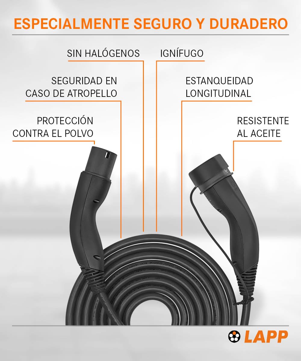 Lapp Mobility Helix EV Cable de Carga Tipo 2, 11 kW/Autorretráctil / 20 A/Trifásico/Cable de Carga para Coches eléctricos/Modo 3 / 5m