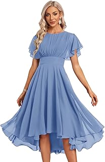Women's Chiffon Bridesmaid Dresses Short Crew Neck Flutter Sleeves Prom Dress for Evening Party