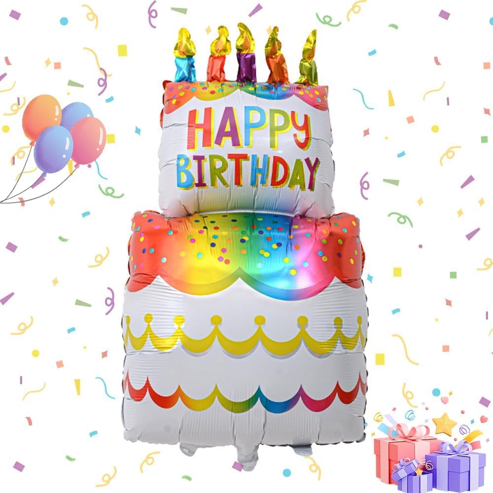 Muiltvoe Self Inflating oon 61x109cm, Happy Birthday oons for Adults, Colourful Two-Tier Cake Foil oon, Helium-Quality Air Inflatable Party Decorations for Birthday, Anniversary, Wedding