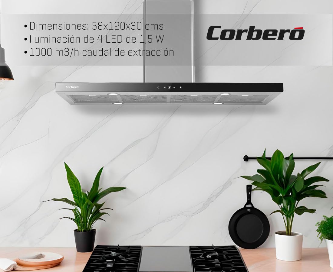 Corberó - Campana Isola | 1200 cm | RODAS12000 | Portata 1000 m3/h, 3 velocità, filtro alluminio 3 strati, filtro carbone | E.Energetica A++ | Inox