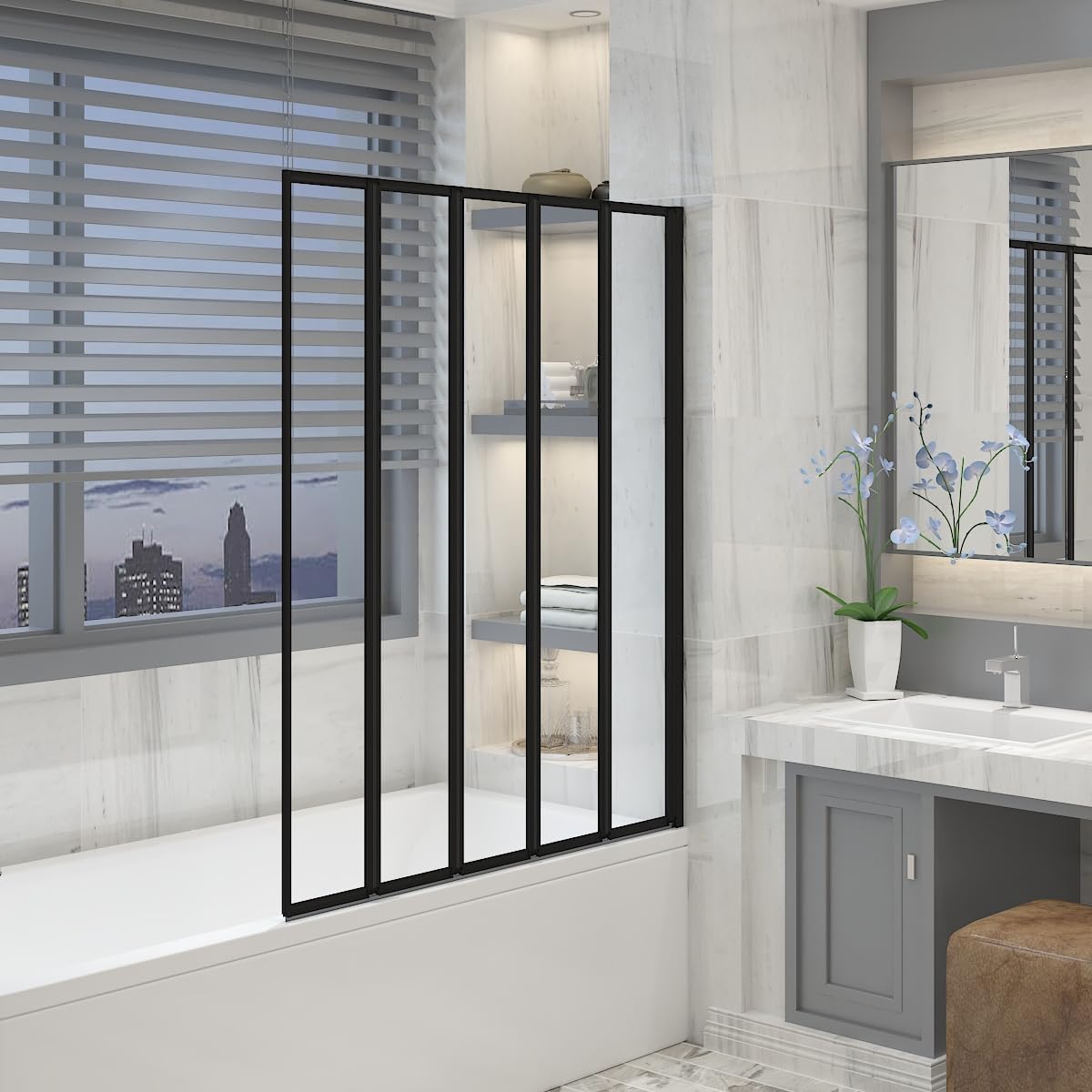 Aquariss Black 1200X1400mm Over Bath Shower Screen 5 Panel Folding