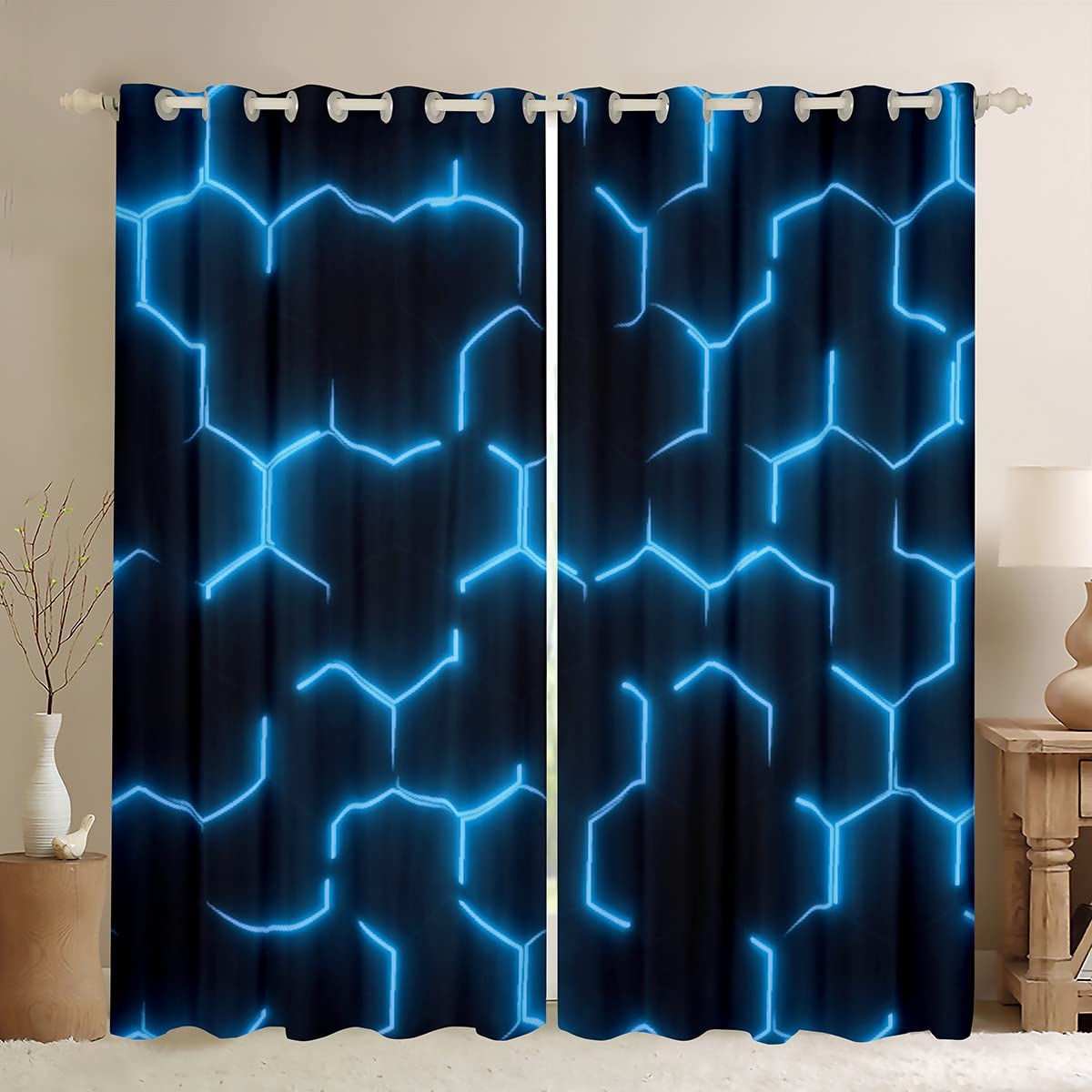 3D Honeycomb Curtains for Bedroom Hexagon Window Treatment Glitter Window Drapes Light Blue Window Draperies for Kids Boys Girls Adults W52*L63 — image 1