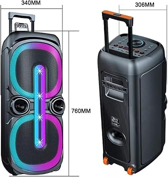 Coverzone Çekçekli Bluetooth Hoparlör Rgb Led Işıklı 40W Kablosuz Bluetooth Aux Tf Kart Usb 10''*2 Subwoofer Boombox 1x Mikrofon Kumanda Boombox D-2101