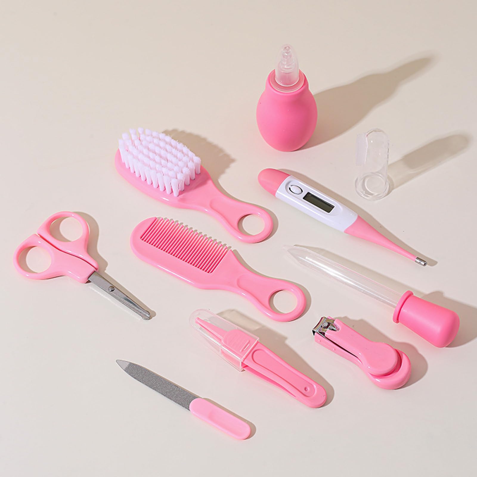Liemuao Trousse de Soin Bébé Naissance 10 Pièces, Kit Toilettage Bébé avec Thermomètre Digital, Brosse, Peigne, Lime, Mouche Bébé, Rose