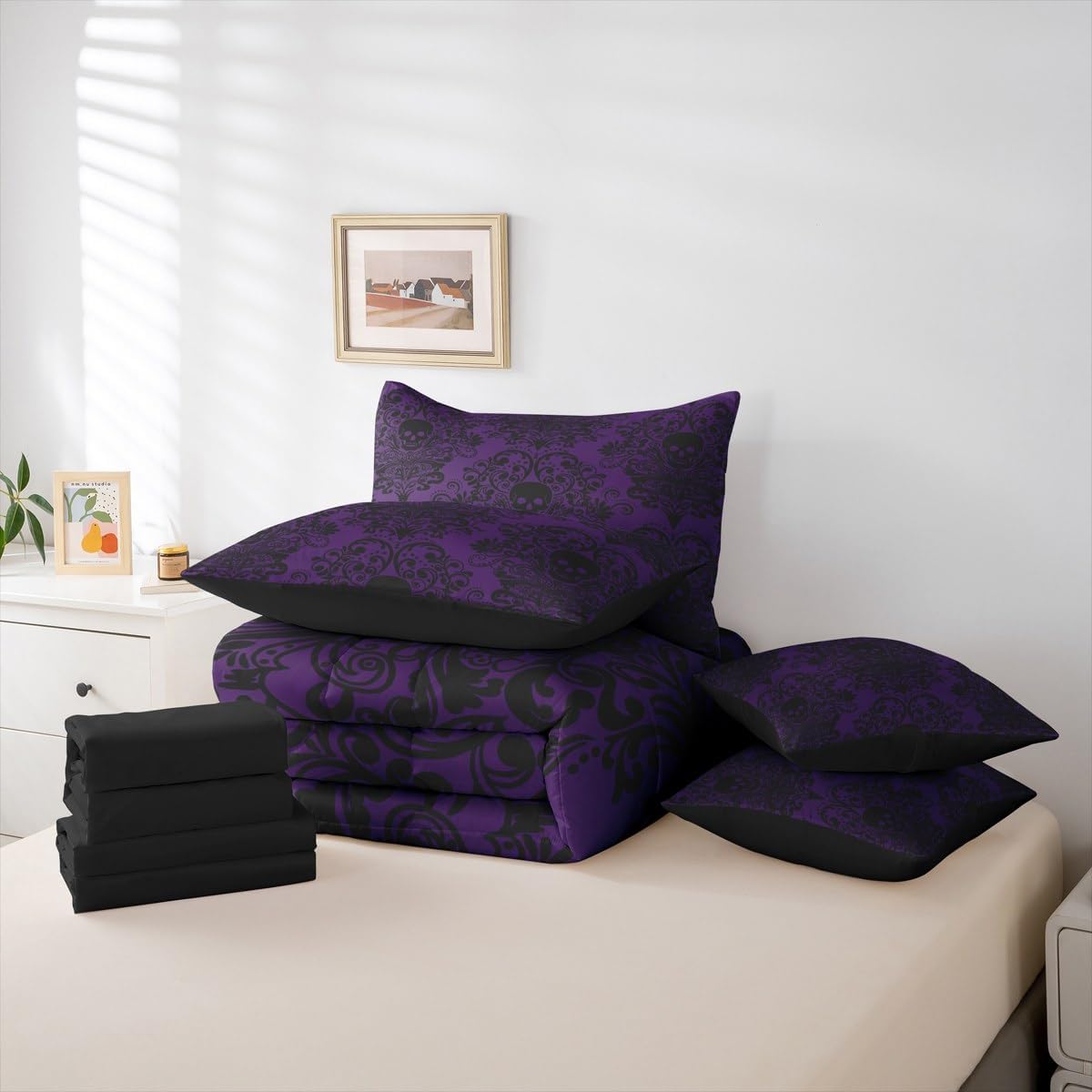 Feelyou Gothic Skull Comforter Set with Sheets 7 Piece Queen Size