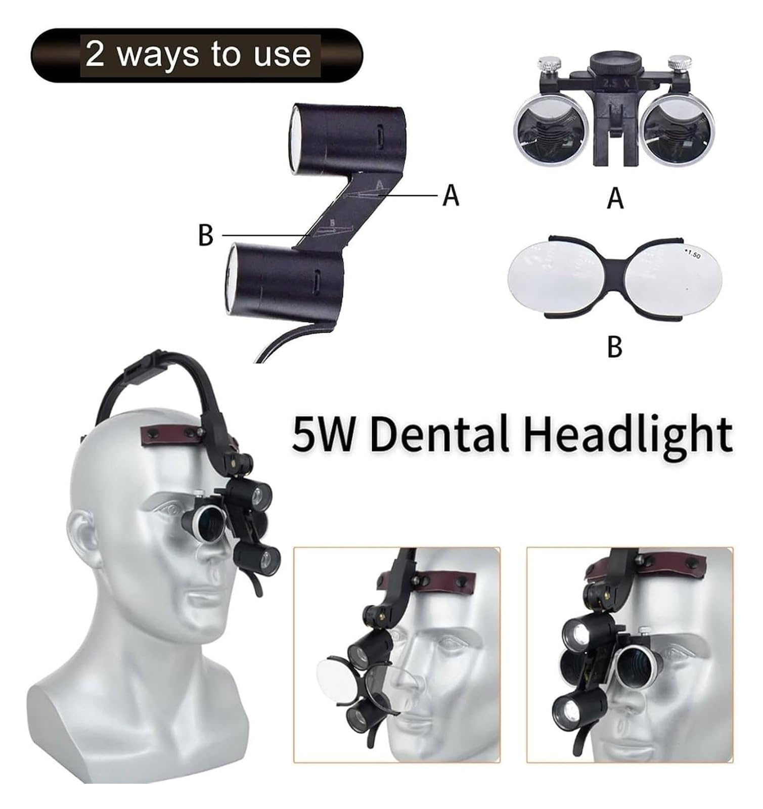 Orale Dentallupe, LED-Kopf-montiertes Fernglas, einstellbarer Winkel, Scheinwerfer, Laborausrüstung(Black,3.5X)