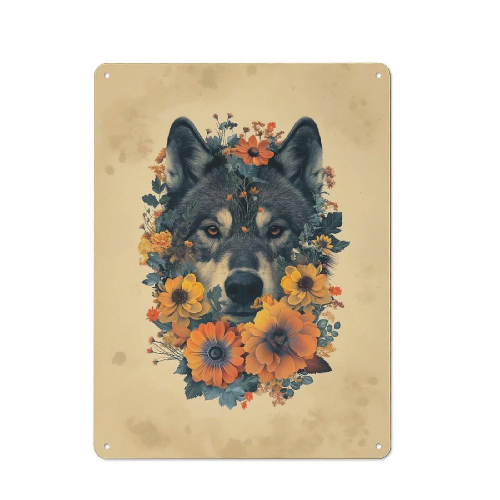 Junmoney Wolf In Flowers Vintage Tin Sign 40X30cm For Garden Room Or Summerhouse, A Housewarming Gift For Outdoor-Room Decor Collectors