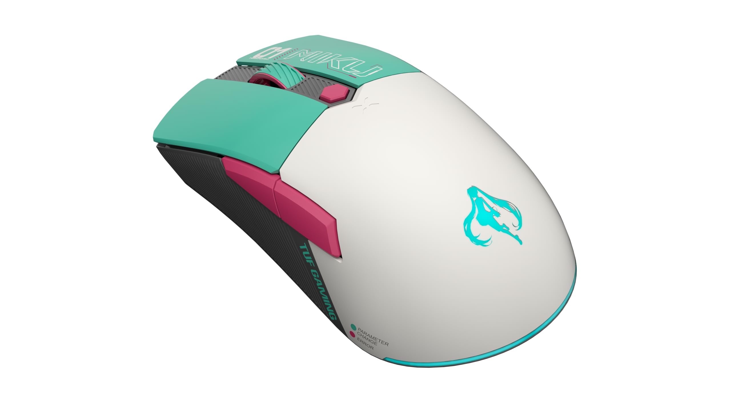 ASUS TUF Gaming Hatsune Miku Edition Mini mouse wireless – per destrorsi, 65 g, leggero, compatto, connettività tri-mode, DPI 12K, batteria fino a 134 ore, logo RGB Miku, supporto PC/Mac - Aqua