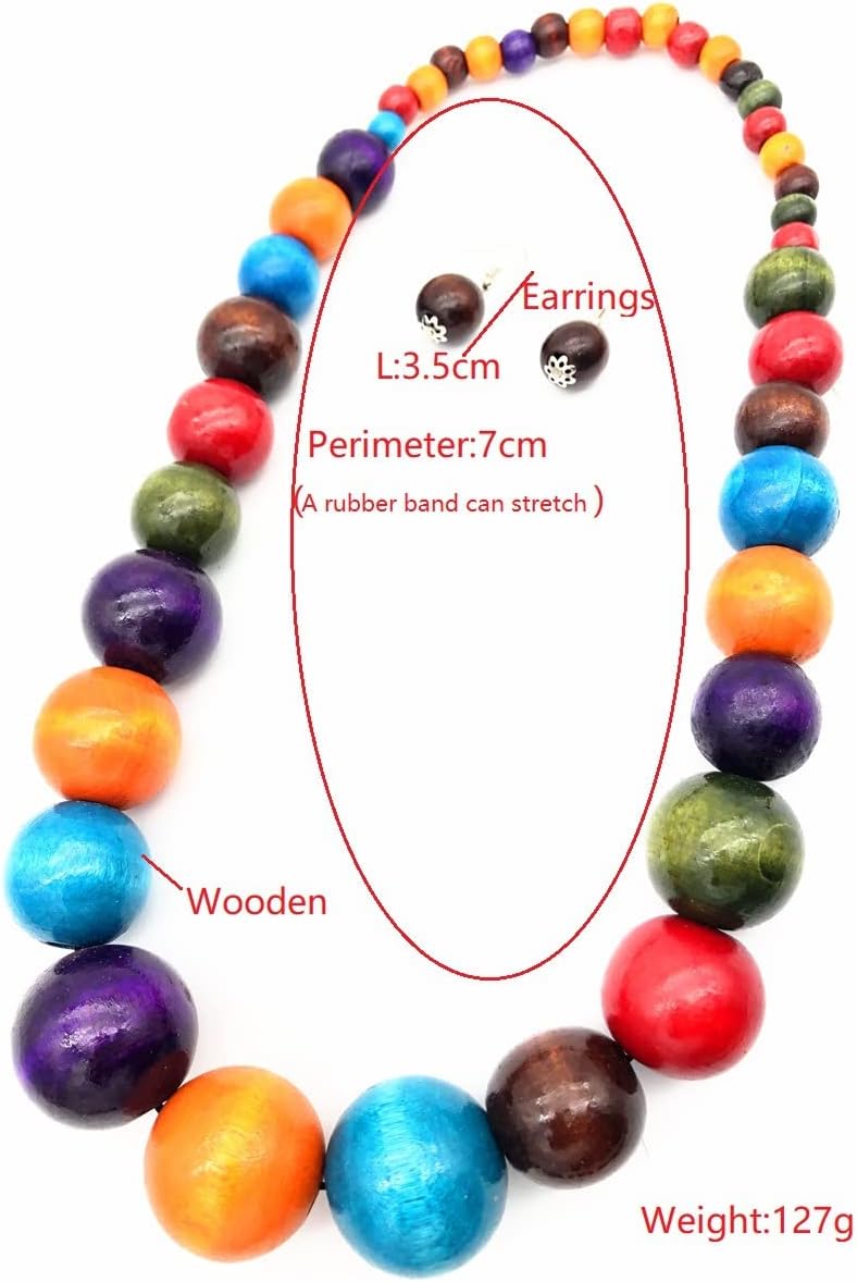 Colorful African Wooden Beaded Choker Neckalce Drop Dangle Earrings Set Chunky Strands Beads Large Bib Collar for Women 60's 70s Wedding Bohemain Jewelry image 2