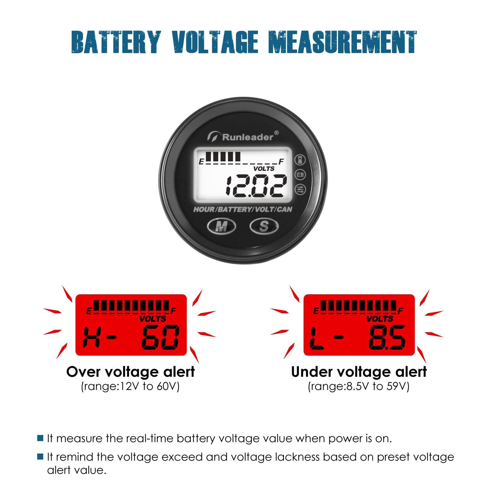 Runleader Indicateur de niveau de batterie LCD 12 V à 48 V, jauge d'heures et de tension, communication de données CAN – Convient pour le type de batterie plomb-acide LiFePO4 Gel Trojan AGM.
