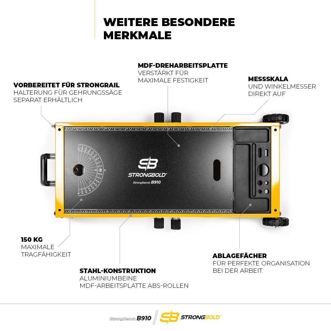 StrongBench B910 ❘ Multifunktionaler Werkstatttisch ❘ Höhenverstellbare Werkbank Werkstatt mit Höhenverstellbarer Arbeitsplattform ❘ Werkbank Klappbar ❘ Funktionalität als Handwerker-Liege