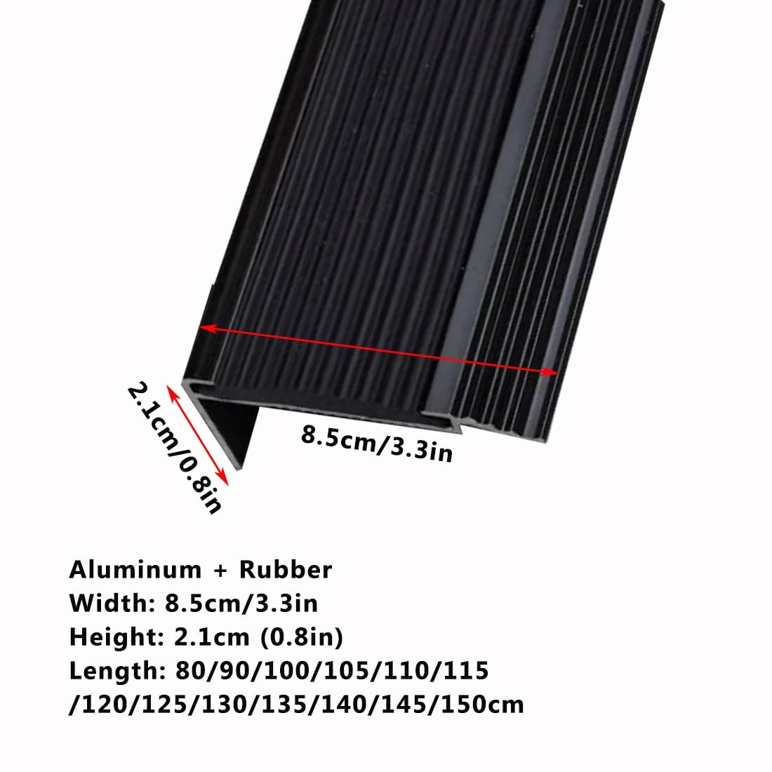 Protector de Nariz de Escalera De Goma Antideslizante 135/145cm, Perfil de Borde de Escalera de Aluminio 8,5cm, Moldura de Borde de Escalón en Forma de L Negro(130x8.5x2.1cm)