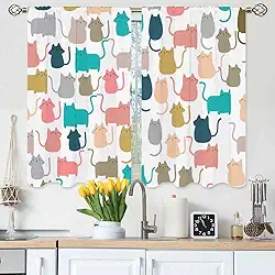 Lindas cortinas de cozinha gatinho colorido desenho animado gato feliz animal cortinas de camada curta para banheiro café cortinas pequenas tratamento 2 painéis (27,5 x 39 polegadas)